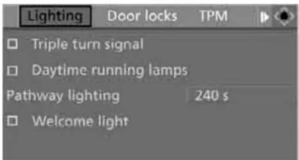 Lighting Door locks TPM Triple turn signal Daytime running lamps Pathway lighting 240 s Welcome light