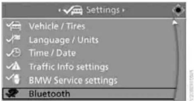Settings Vehicle / Tires Language / Units Time / Date Traffic Info settings BMW Service settings Bluetooth