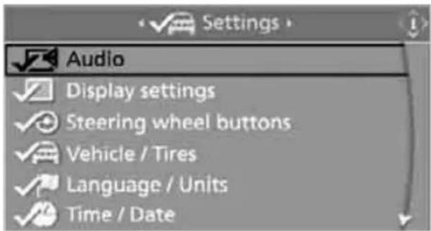 Settings Audio Display settings Steering wheel buttons Vehicle / Tires Language / Units Time / Date