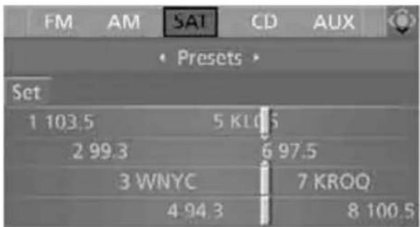 FM AM SAT CD AUX • Presets > Set 1 103.5 5 KLOS 2 99.3 6 97.5 3 WNYC 7 KROQ 4 94.3 8 100.5