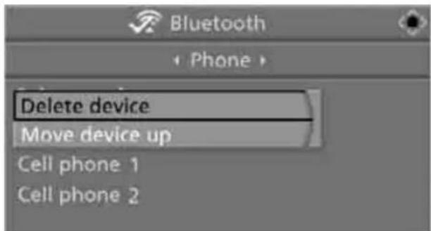 Bluetooth Phone Delete device Move device up Cell phone 1 Cell phone 2