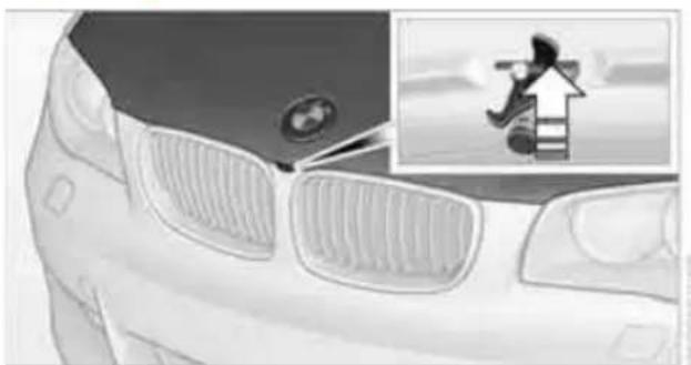 Front view of a car with grille grilles and a logo, alongside an inset showing a person climbing stairs (no text or symbols)