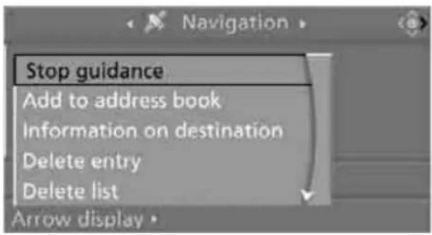 Stop guidance Add to address book Information on destination Delete entry Delete list Arrow display