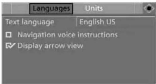 Languages Text language | English US Navigation voice instructions ✓ Display arrow view
