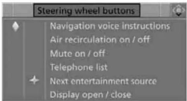 Steering wheel buttons Navigation voice instructions Air recirculation on / off Mute on / off Telephone list Next entertainment source Display open / close