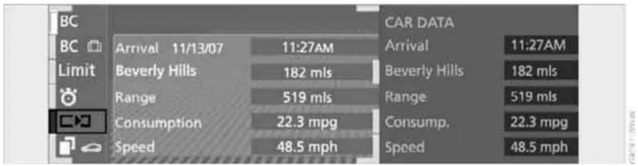 BC BC Limit Limit Arrival 11/13/07 11:27AM Beverly Hills 182 mls Range 519 mls Consumption 22.3 mpg Speed 48.5 mph CAR DATA Arrival 11:27AM Beverly Hills 182 mls Range 519 mls Consump. 22.3 mpg Speed 48.5 mph