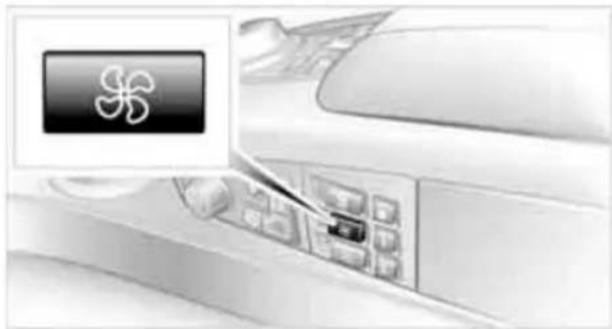 Interior view of an airplane cabin with a hand inserting a fan into the control panel (no visible text or symbols)