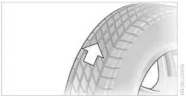 Close-up of a car tire with visible tread pattern and a white arrow pointing to the center area (no text or symbols)