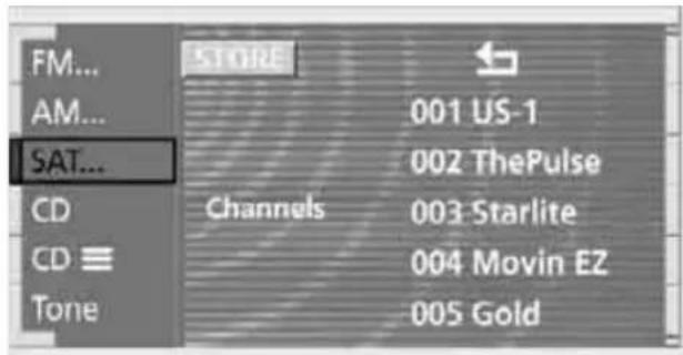 FM... AM... SAT... CD CD ≡ Tone STORE Channels 001 US-1 002 ThePulse 003 Starlite 004 Movin EZ 005 Gold