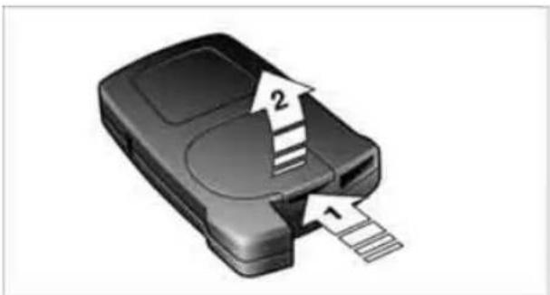 3D illustration of a device with labeled parts (1, 2), showing internal structure and page layout (no text or symbols beyond labels)