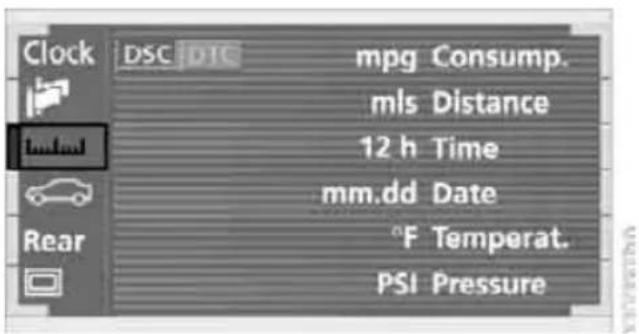 Clock DSC DTC mpg Consump. mls Distance 12 h Time mm.dd Date °F Temperat. PSI Pressure