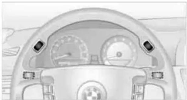 Top-down view of a car dashboard with steering wheel and speedometer (no visible text or symbols)
