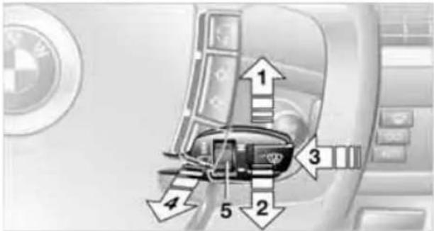 Diagram of car interior with numbered parts and BMW logo, showing directional arrows for assembly or control.