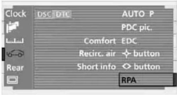 Clock DSC DTC AUTO P PDC pic. Comfort EDC Recirc. air button Short info button RPA