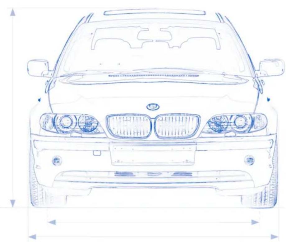 Front view line drawing of a car with BMW and Audi branding (no text or symbols on the car itself)