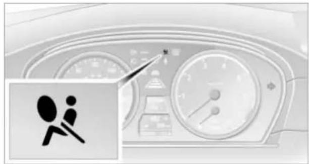 Interior view of a car dashboard with gauges and a small inset icon showing a person walking (no text or symbols)