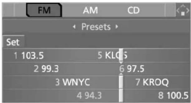 FM AM CD Presets Set 1 103.5 5 KLOC 2 99.3 6 97.5 3 WNYC 7 KROQ 4 94.3 8 100.5