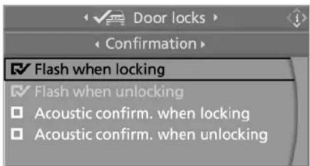 Door locks Confirmation ✓ Flash when locking ✓ Flash when unlocking ☐ Acoustic confirm. when locking ☐ Acoustic confirm. when unlocking