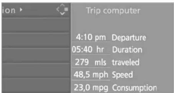 ion ▶ Trip computer 4:10 pm Departure 05:40 hr Duration 279 mls traveled 48,5 mph Speed 23,0 mpg Consumption