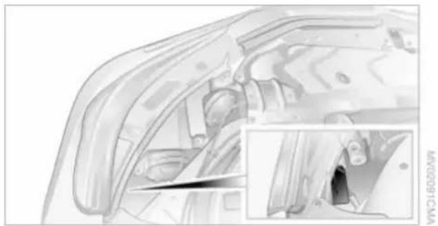 Technical illustration of a car interior showing structural components and a close-up inset (no text or symbols)
