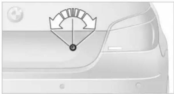 Front view of a car with a speedometer and directional arrow symbol (no text or labels)