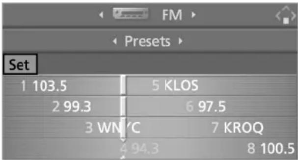 FM Presets Set 1 103.5 5 KLOS 2 99.3 6 97.5 3 WN/°C 7 KROQ 4 94.3 8 100.5