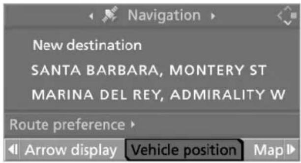 Navigation New destination SANTA BARBARA, MONTERY ST MARINA DEL REY, ADMIRALITY W Route preference Arrow display Vehicle position Map