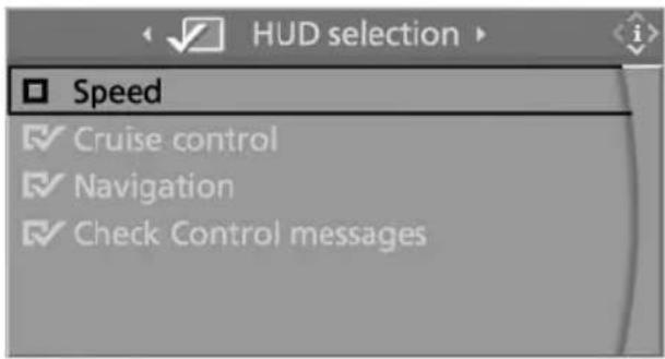 HUD selection Speed ✓ Cruise control ✓ Navigation ✓ Check Control messages