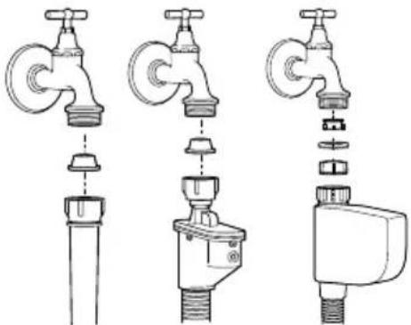 Three variations of a faucet assembly diagram showing different components (no text or labels)