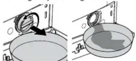 Two-step diagram showing a washing machine with a rotary knob and a container with liquid, no text or symbols present.