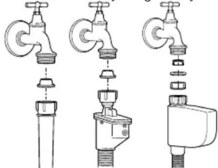 Three technical line drawings of faucet components with no text or symbols