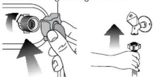Illustration showing hands holding a mechanical component with directional arrows and a close-up of a tool (no text or symbols)