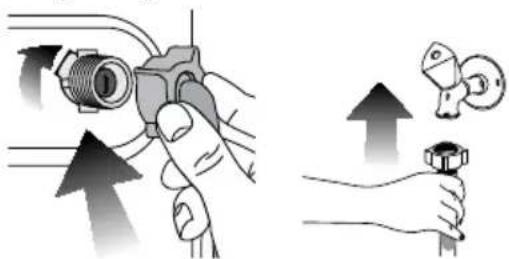Illustration showing two hand positions: one holding a cable with directional arrows, the other holding a wrench and a small mechanical component (no text or symbols)