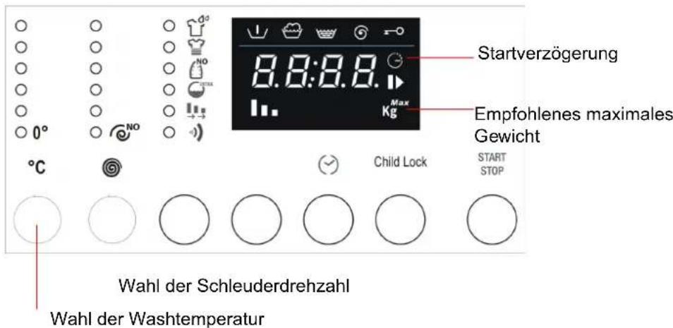 Startverzögerung Empfohlenes maximales Gewicht Wahl der Schleuderdrehzahl Wahl der Washtemperatur