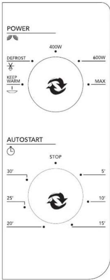 POWER 400W 600W MAX DEFROST KEEP WARM 1 30' 25' 20' 5' 10' 15' STOP AUTOSTART