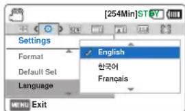 [254Min]STAY Einstellungen Format Standard zurücksetzen Sprache Englisch 한국어 Französisch MENU Beenden