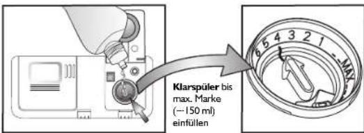 Klarspüler bis max. Marke (~150 ml) einfüllen