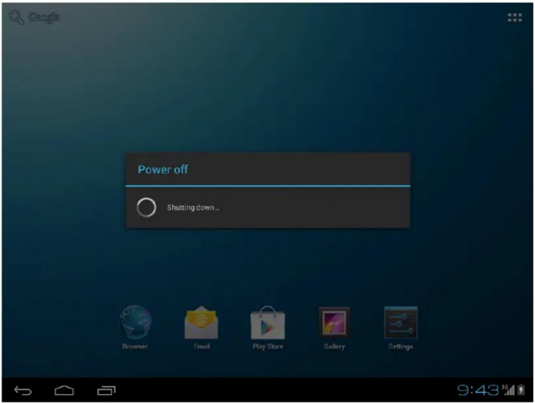 Google Power off Shutting down... Browser Email Play Store Gallery Settings 9:43 36