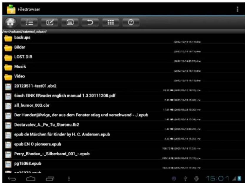 Dateiliste auf externer SD-Karte: backups, Bilder, LOST.DIR, Musik, Video, 20120511-test01.ebr2, 6inch EINK EReader english manual 1.3 20111208.pdf, all_humor_003.cbr, Der Hundertjährige, der aus dem Fenster stieg und verschwand - J.epub, Dostavalov_A._Po_Tu_Storonu.fb2, epub de Märchen für Kinder b…