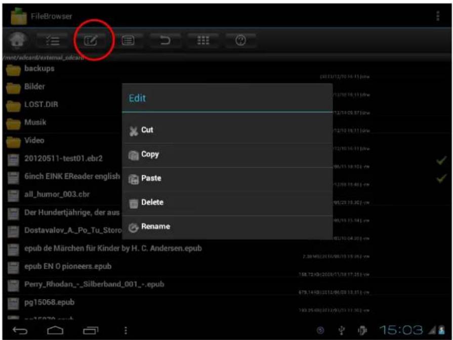 Dateibrowser mit Ordnern: backups, Bilder, LOST.DIR, Music, Video, und Dateien: 20120511-test01.ebr2, 6inch EINK EReader english, all_humor_003.cbr, Der Hundertjährige, der aus, Dostavalov_A_Po_Tu_Storo. Bearbeitungsoptionen: Edit, Cut, Copy, Paste, Delete, Rename. Weitere Dateien: epub de Märchen f…