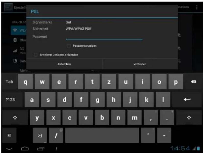 PGL, Signalstärke: Gut, Sicherheit: WPA/WPA2 PSK, Password, Passwort anzeigen, Erweiterte Optionen einblenden, Abbrechen, Verbinden, Tab q w e r t z u i o p, ?123 a s d f g h j k l, y x c v b n m , ., →:)/, 14:54