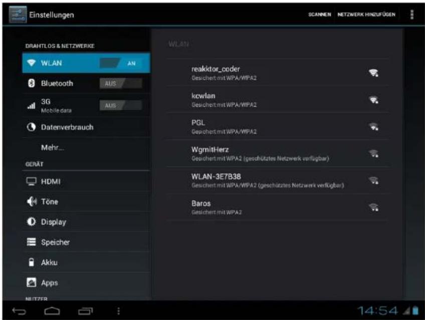 Einstellungen, DRAHTLOS & NETZWERKE, WLAN, AN, Bluetooth, AUS, 3G, Mobile data, AUS, Datenverbrauch, Mehr..., GERÄT, HDMI, Töne, Display, Speicher, Akku, Apps, WLAN, reakktor_coder, Gesichert mit WPA/WPA2, kcwlan, Gesichert mit WPA/WPA2, PGL, Gesichert mit WPA/WPA2, WgmitHerz, Gesichert mit WPA2 (ge…