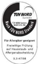 TÜV NORD Systems TÜV NORD Systemes GmbH & Co. KG Nach TÜV NORD Standard Für Allergiker geeignet Freiwillige Prüfung auf Hausstaub- und Allergenabscheidung 3.2-47/98