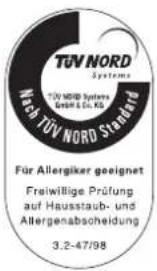 TUV NORD Systems TUV NORD Systems GmbH & Co. KG Mech TUV NORD Standard Für Allergiker geeignet Freiwillige Prüfung auf Hausstaub- und Allergenabscheidung 3.2-47/98
