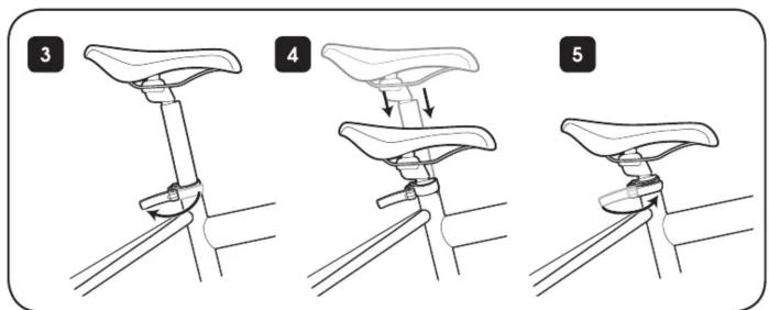 Diagram showing three steps of a bicycle seat mounting mechanism, labeled 3, 4, and 5.