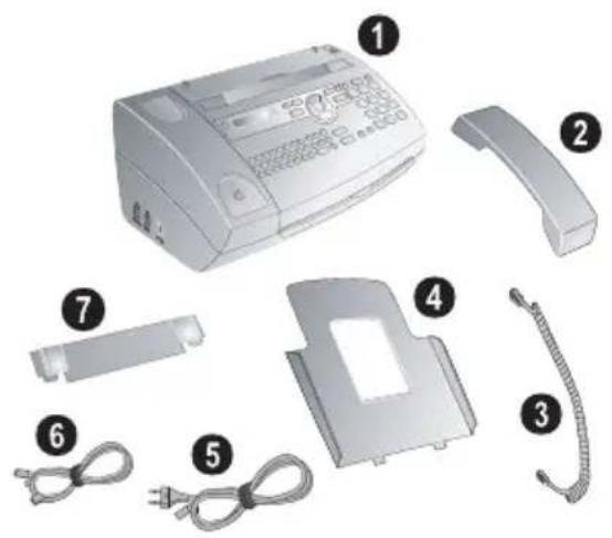 Exploded view diagram of a printer with numbered parts including paper, cable, and print device