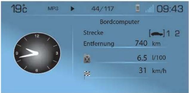 19°C MP3 44/117 09:43 Bordcomputer Strecke [ ] 1 2 Entfernung 740 km 6.5 l/100 31 km/h