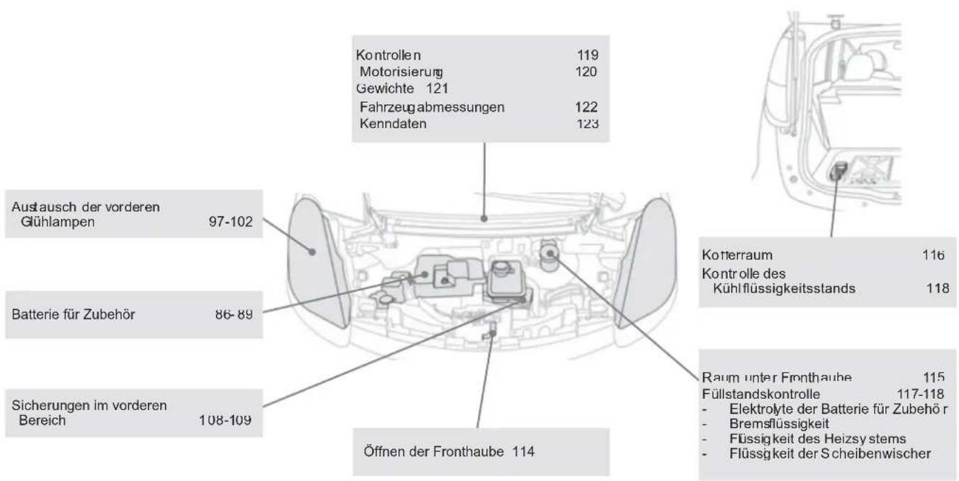Kontrollen 119 Motorisierung 120 Gewichte 121 Fahrzeugabmessungen 122 Kenndaten 123 Austausch der vorderen Glühlampen 97-102 Batterie für Zubehör 86-89 Sicherungen im vorderen Bereich 108-109 Öffnen der Fronthaube 114 Kotterraum 116 Kontrolle des Kühlflüssigkeitsstands 118 Raum unter Fronthaube 115…