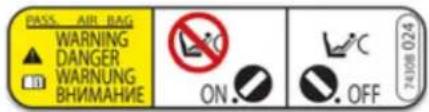 PASS AIR BAG WARNING DANGER WARNUNG ВНИМАНИЕ ON. OFF 74308 024