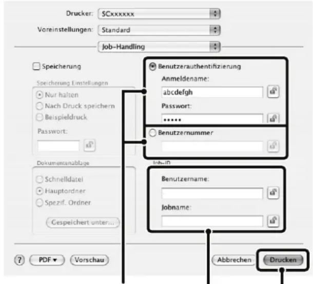 Drucker: $Cxxxxxx Voreinstellungen: Standard Job-Handling Speicherung Speicherung Einstellungen Nur halten Nach Druck speichern Beispieldruck Password: Dokumentenablage Schnelldatel Hauptordner Spezif. Ordner Gespeichert unter... ? PDF ▼ Vorschau Benutzerauthentifizierung Anmeldename: abcdefghijklmnopqrstuvwxyz: ...... Benutzernummer Job-ID Benutzername: jobname: Abbrechen Drucken